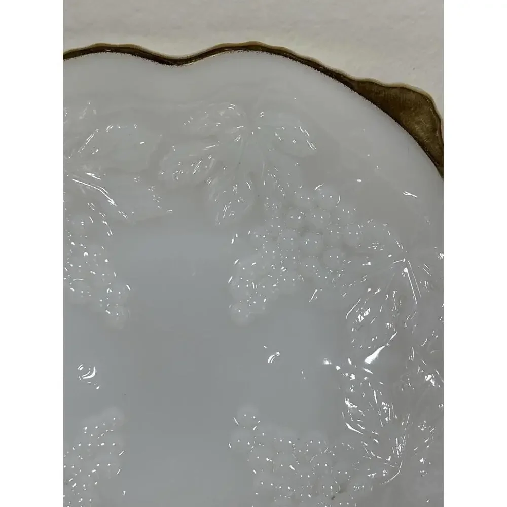 Anchor Hocking Milk Glass Harvest Grape Bowl w/ Gold Trim 9” Vintage